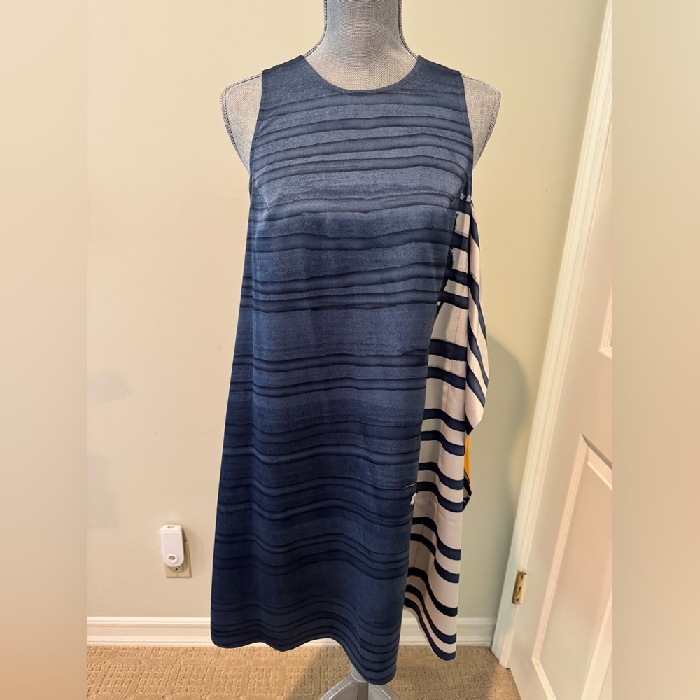 RACHEL Rachel Roy Navy and White Asymmetrical Striped Shift Dress with yellow